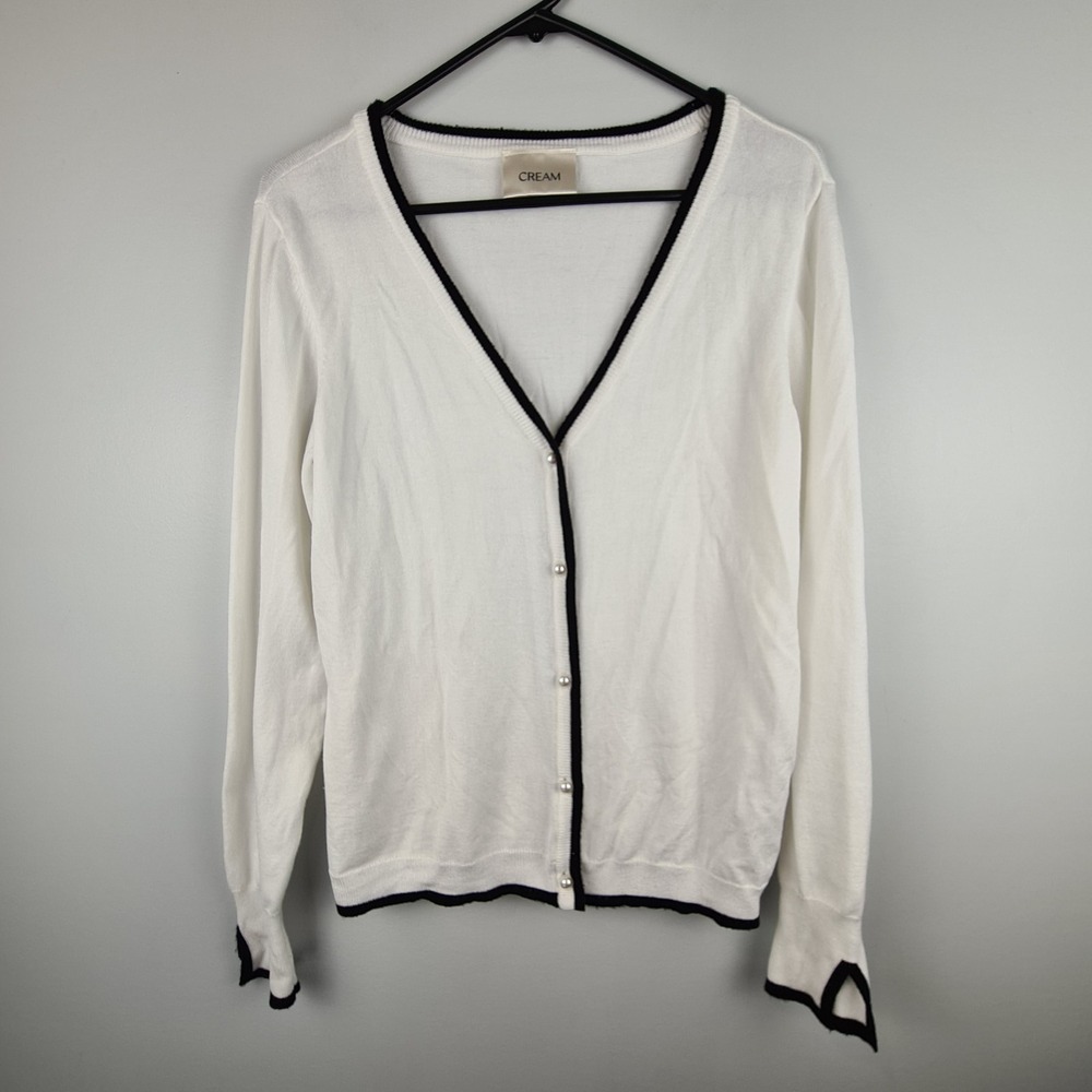 CREAM Pearl Button Trimmed Cardigan Womens Medium Quiet Luxury Old Money Classic